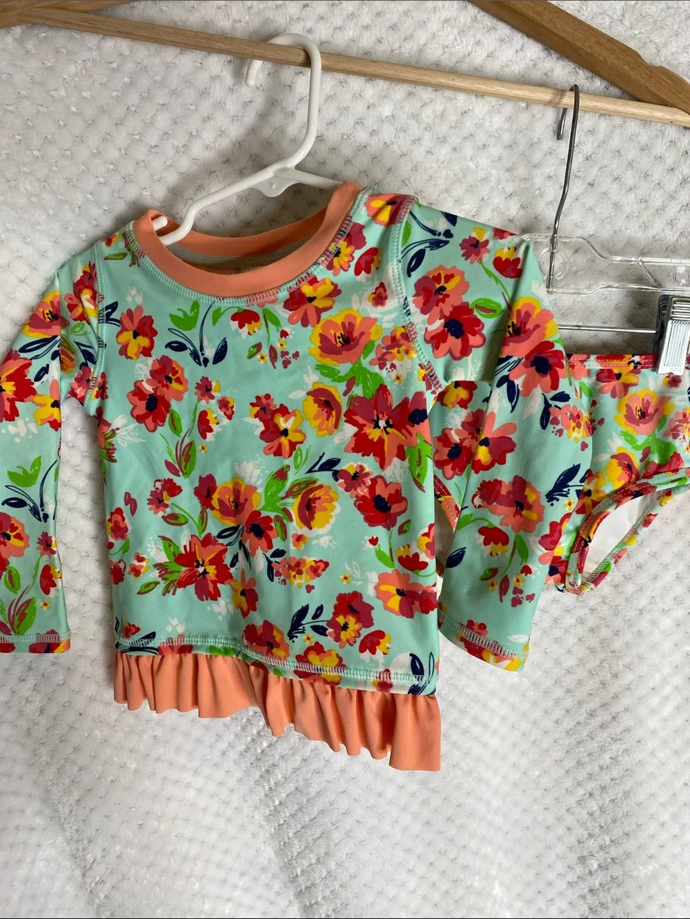 Ruffle Butts Floral 2 piece rashguard style Swimsuit with Coral Trim